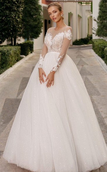 Simple Jewel Neck Lace Ball Gown Wedding Dress With Appliques And Button Back