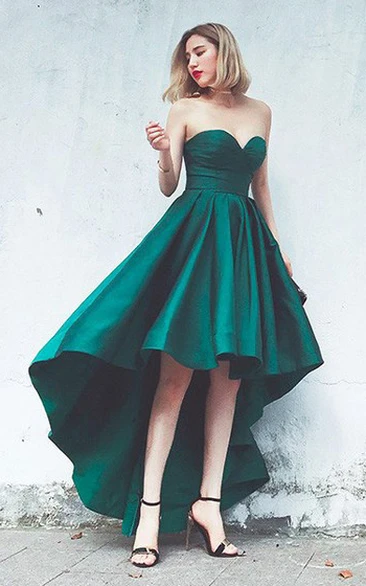 Strapless Sweetheart Satin Sleeveless High-Low A Line Evening Dress with Pleats