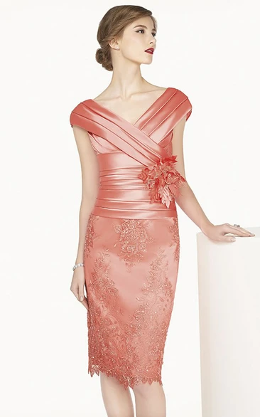 Satin V Neck Cap Sleeve Sheath Knee Length Lace Dress With Flower Shown In Blush