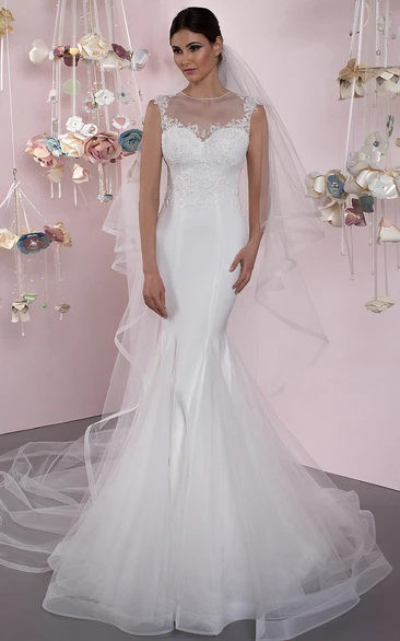 Trumpet Sleeveless Long Jewel Appliqued Tulle Wedding Dress With Illusion Back And Ruffles