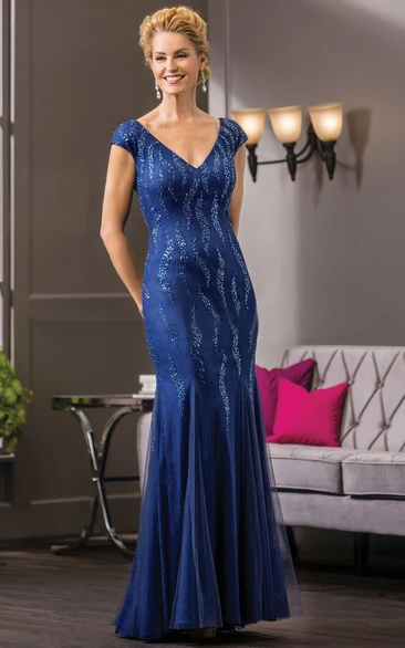 Cap-Sleeved V-Neck Mermaid Mother Of The Bride Dress With Sequins And V-Back