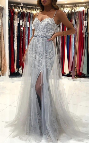Simple Lace A Line Floor-length Sleeveless Spaghetti Formal Dress with Appliques