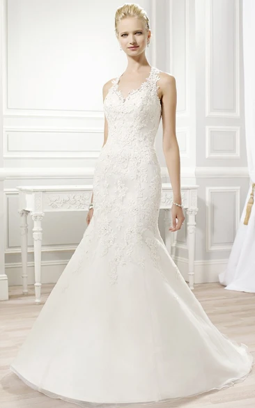 Trumpet Appliqued Long Sleeveless V-Neck Lace&Satin Wedding Dress With Court Train And Illusion Back