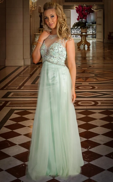 Sheath Cap-Sleeve Jewel-Neck Floor-Length Beaded Tulle Prom Dress With Pleats