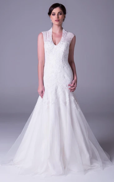A-Line Floor-Length Sleeveless V-Neck Lace Wedding Dress