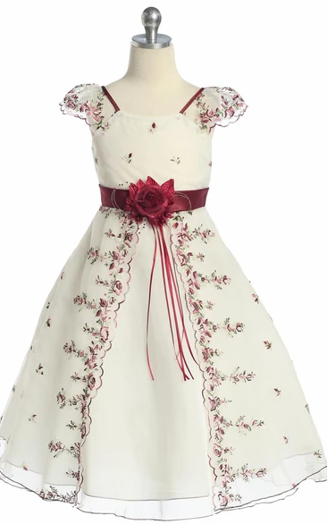 Split Tea-Length Floral Bowed Organza Flower Girl Dress With Embroidery