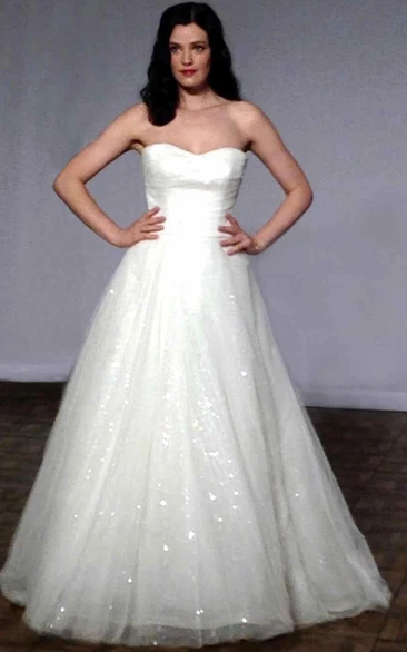 A-Line Floor-Length Strapless Sequined Sleeveless Tulle Wedding Dress With Ruching