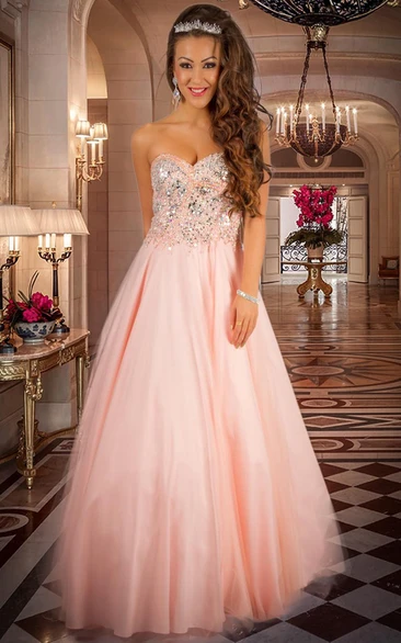 A-Line Sleeveless Sweetheart Floor-Length Beaded Tulle&Satin Prom Dress