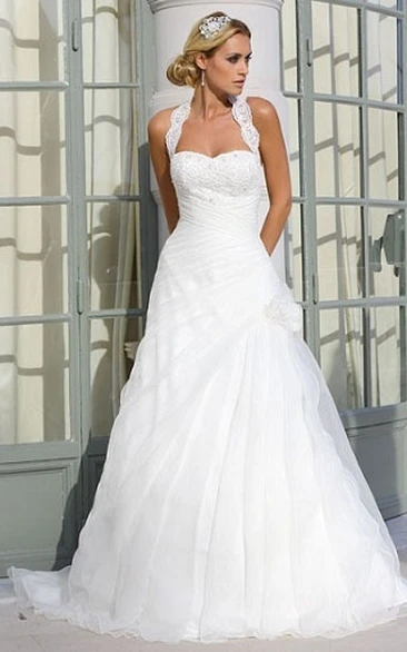 A-Line Halter Sleeveless Appliqued Floor-Length Tulle Wedding Dress With Flower And Draping