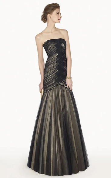 Strapless Trumpet Tulle Long Prom Dress With Criss Cross Bodice