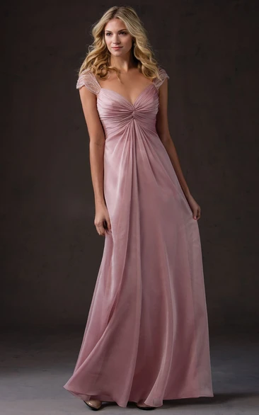Cap-Sleeved V-Neck A-Line Bridesmaid Dress With Ruches And V-Back