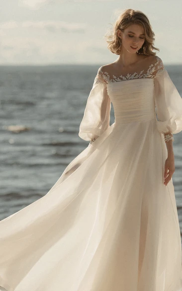 Adorable A-Line Organza Wedding Dress With  3/4 Length Poet Sleeves And Low-V Back
