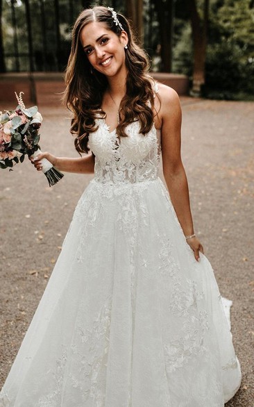 Romantic Lace V-neck Floor-length Court Train Sleeveless A Line Wedding Dress with Appliques