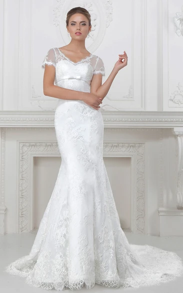 Trumpet V-Neck Short-Sleeve Appliqued Long Lace&Satin Wedding Dress With Waist Jewellery