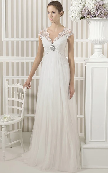 V Neck Cap Sleeve Appliqued Empire Tulle Wedding Dress UCenter Dress