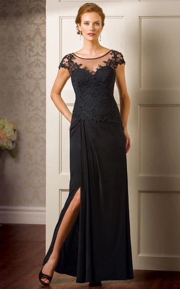 Cap-Sleeved Long Mother Of The Bride Dress With Side Slit And Appliques