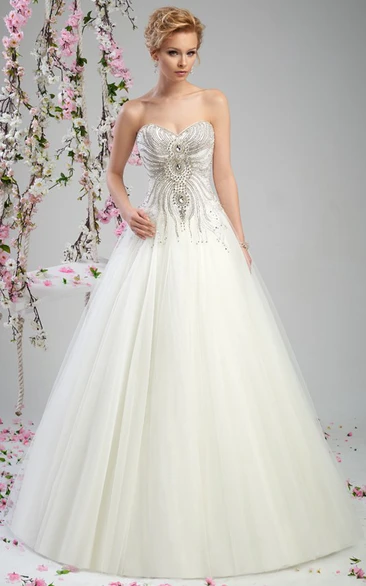 A-Line Sweetheart Long Beaded Sleeveless Tulle Wedding Dress