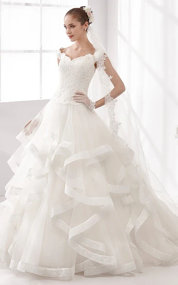 Cap-Sleeve A-Line Wedding Dress With Cascading Ruffles And Lace Corset