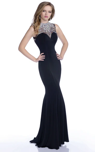 Mermaid High Neck Sleeveless Jersey Gown With Keyhole Back And Crystal Embroidery