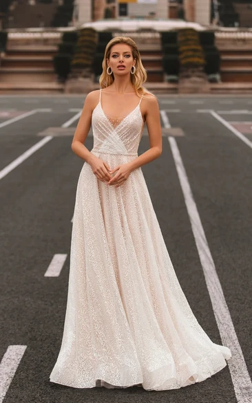 A-Line V-Neck And V-Back Elegant Spagetti Modern Sequin Tulle Long Dress