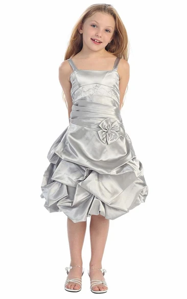 Floral Knee-Length Pleated Beaded Satin Flower Girl Dress With Tiers