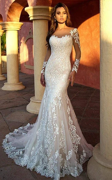 Lace Mermaid Wedding Dress with Long Sleeves Elegant Country Garden Style