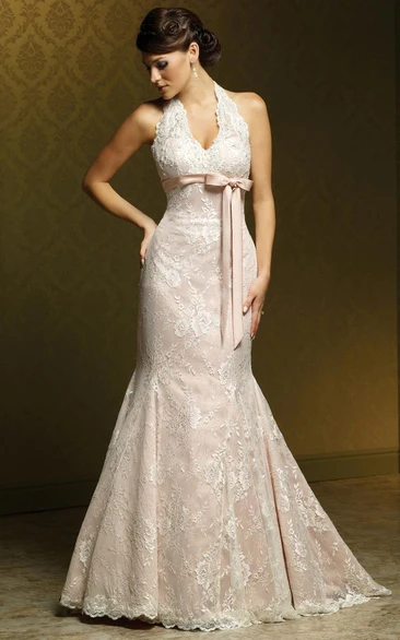 Sheath Appliqued Floor-Length V-Neck Sleeveless Lace Wedding Dress With Bow And Pleats