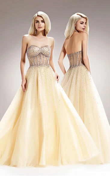 A-Line Sweetheart Sleeveless Tulle Backless Dress With Sequins