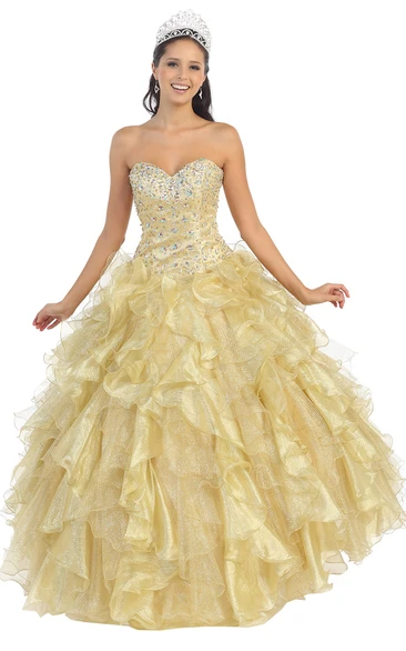 Ball Gown Sweetheart Organza Corset Back Dress With Beading And Cascading Ruffles