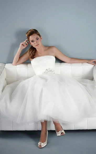Tea-Length A-Line Strapless Jeweled Tulle Wedding Dress