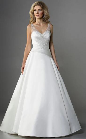 V-Neck Sleeveless A-Line Gown With Jeweled Illusion Back