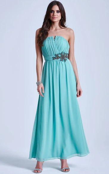 A-Line Notched Ruched Ankle-Length Sleeveless Chiffon Bridesmaid Dress With Waist Jewellery