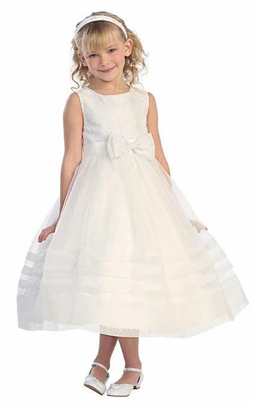 Tea-Length Pleated Tiered Lace&Organza Flower Girl Dress