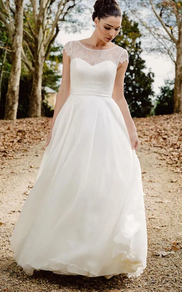 Simple Deep-V Back Lace Chiffon Bateau A Line Floor-length Wedding Dress with Ribbon