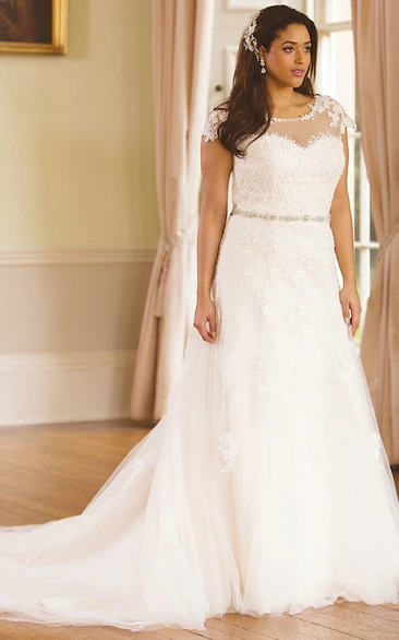 Jeweled Scoop-Neck Cap-Sleeve Lace Plus Size Wedding Dress