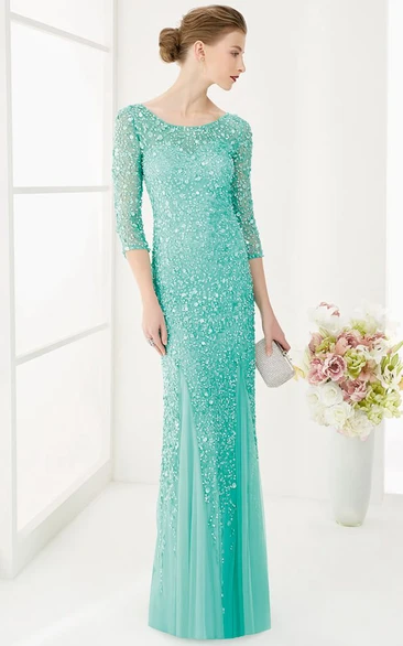 Sheath Scoop-Neck 3-4-Sleeve Maxi Sequins&Tulle Prom Dress
