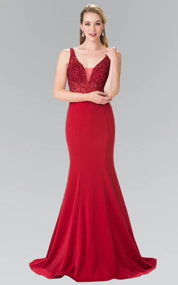 Mermaid V-Neck Sleeveless Jersey Low-V Back Dress With Embroidery And Sequins