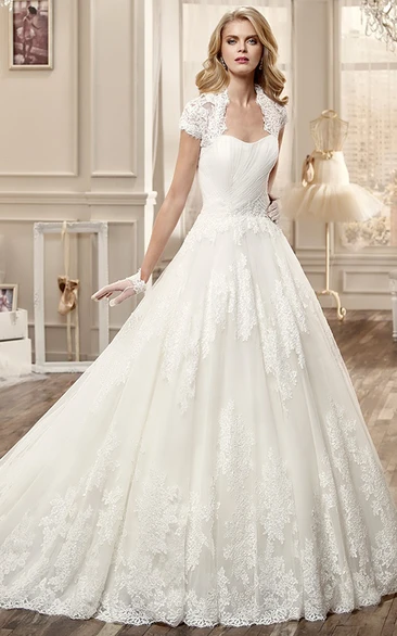 Lace-Applique Long Wedding Dress With T-Shirt Sleeve And Brush Train