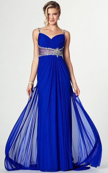 A-Line Sleeveless Floor-Length Jeweled Spaghetti Chiffon Prom Dress With Low-V Back And Draping