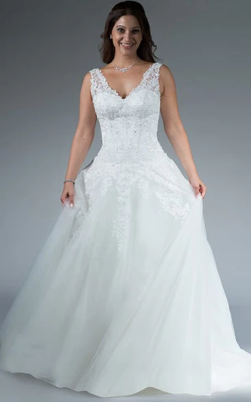V Neck Drop Waist A-Line Tulle Bridal Gown With Applique Top And Crystal