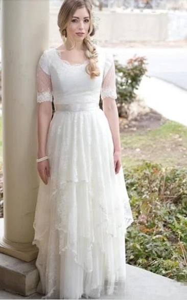 A Line Scalloped Lace Tulle Lace-up Corset Back Wedding Gown