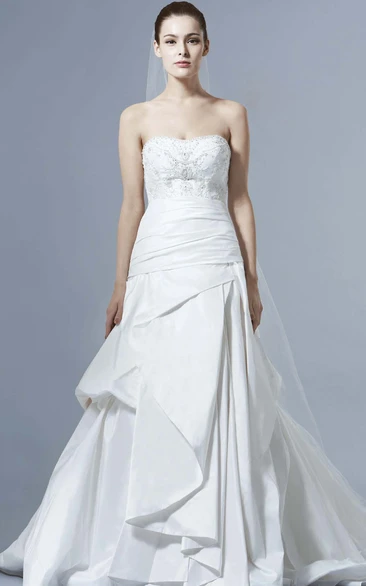 A-Line Sleeveless Strapless Draped Floor-Length Satin Wedding Dress With Backless Style And Beading