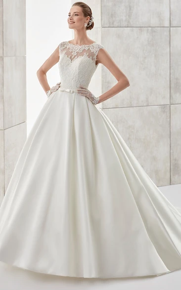 Scalloped-Neck Cap-Sleeve A-Line Satin Wedding Dress With Illusive Design And Brush Train