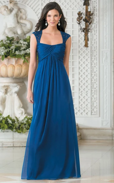 Cap-Sleeved Square-Neck A-Line Chiffon Bridesmaid Dress With Keyhole Back