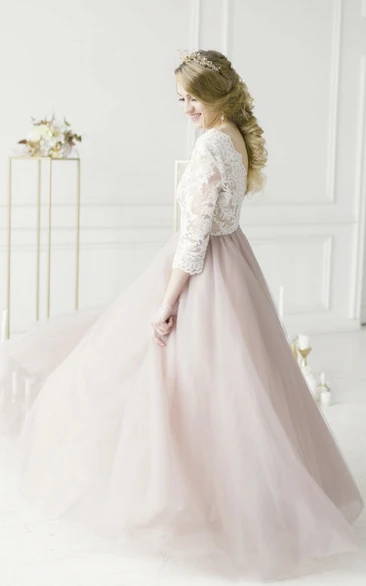 3/4 Sleeve Scalloped Lace Pastel Pink Tulle Bridal Gown - VQ
