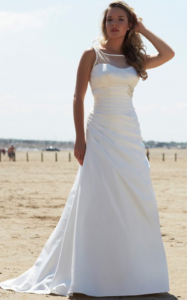 Sheath Broach Bateau-Neck Floor-Length Sleeveless Chiffon Wedding Dress With Side Draping