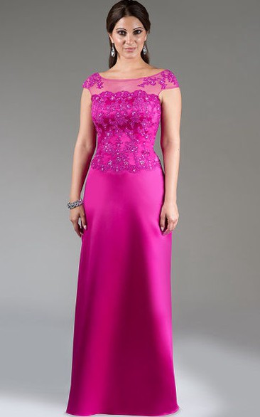 Cap Sleeve Appliqued Top Satin Long Mother Of The Bride Dress With Crystal Details
