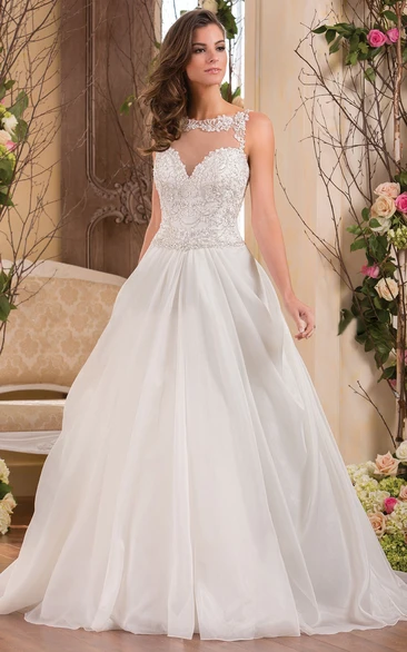 Sleeveless Bateau-Neck A-Line Wedding Dress With Beaded And Appliqued Bodice