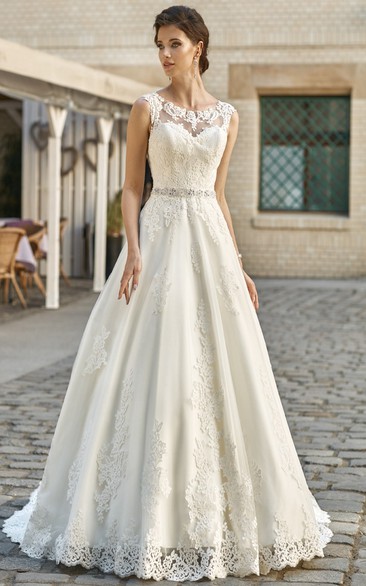 A-Line Sleeveless Floor-Length Scoop-Neck Appliqued Lace&Satin Wedding Dress With Waist Jewellery