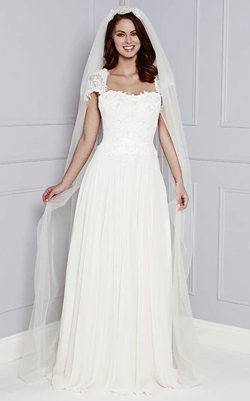 Cap-Sleeve Appliqued Floor-Length Square-Neck Lace&Chiffon Wedding Dress With Pleats